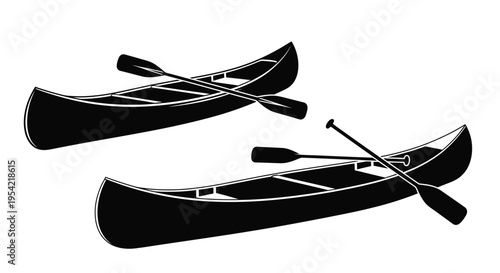 Two canoes with paddles a striking black and white silhouette