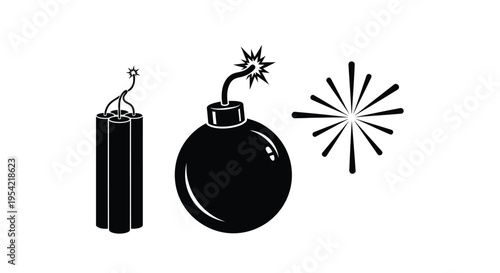 Explosive devices including dynamite and a bomb stark black silhouette