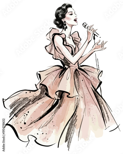 Fashion illustration of elegant jazz singer in blush pink ruffle gown. Vintage style vocal performer hand-drawn sketch in evening dress. Woman singing into microphone wearing haute couture ballgown