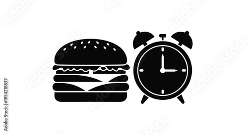Burger and alarm clock icons presented as a striking black silhouette