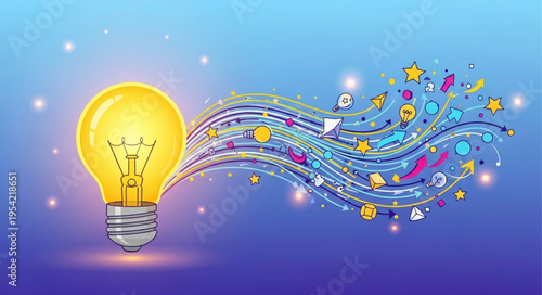 Bright Idea Concept - Light Bulb Emanating Social Media Icons and Symbols.