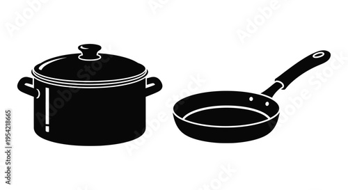 Black cookware set including a pot and frying pan silhouette