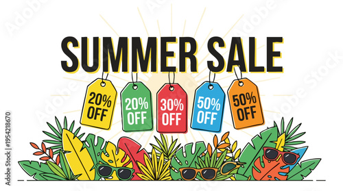 Summer Sale Advertisement with Discount Tags and Tropical Leaves for Seasonal Promotion and Retail Marketing