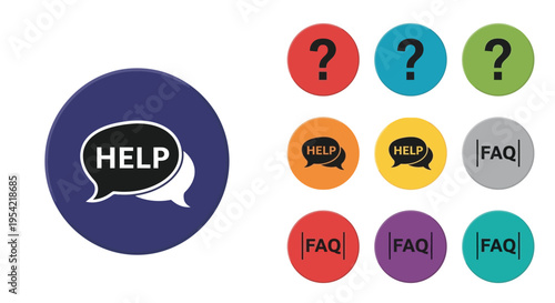 Colorful circles displaying help and faq text in a flat silhouette