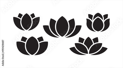 Simple lotus shapes collection flat black flower illustration for meditation and wellness