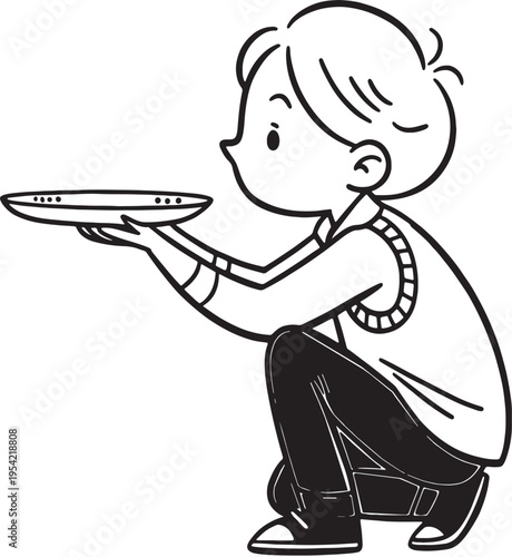 A young boy offering a plate kneeling with a polite gesture silhouette high-quality professional detailed