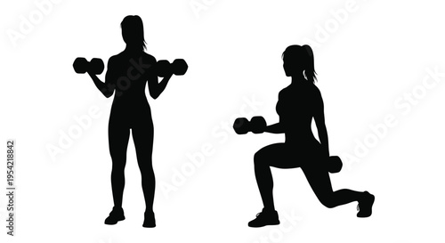 Woman exercising with dumbbells in two dynamic poses black silhouette