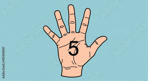 Illustration of a hand with the number five on the palm.