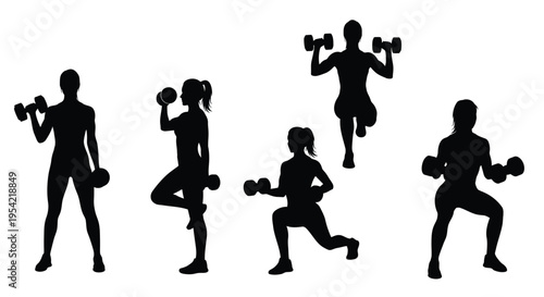 Diverse women exercising with dumbbells in a striking black silhouette