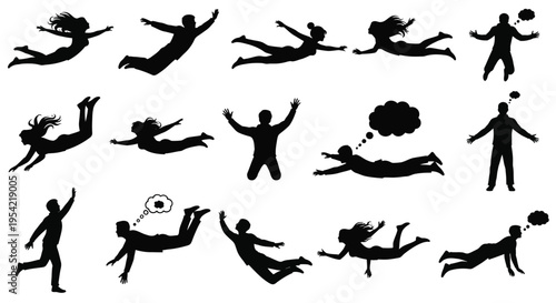 People in various falling and floating poses a black silhouette