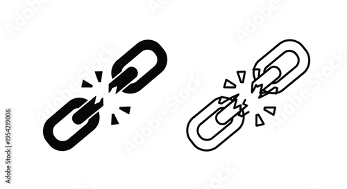 Broken chain links depicting separation and fracture black and white silhouette