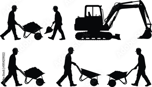 Silhouette construction workers with wheelbarrows and excavator machinery on building site, teamwork in heavy industry labor, manual work and equipment illustration isolated background