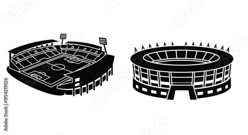 Two stadium designs a detailed illustration in black silhouette