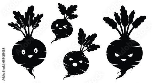 Anthropomorphic radishes with charming faces presented as a black silhouette