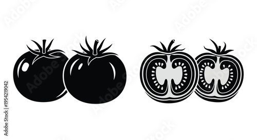 Black and white tomato illustrations displaying whole and sliced forms silhouette