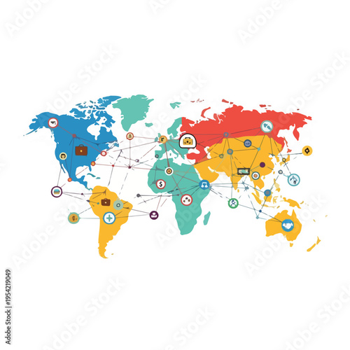 Colored world map with interconnected nodes representing global connections