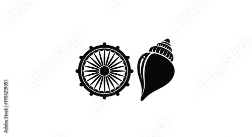 Buddhist symbols of dharma wheel and conch shell in black silhouette