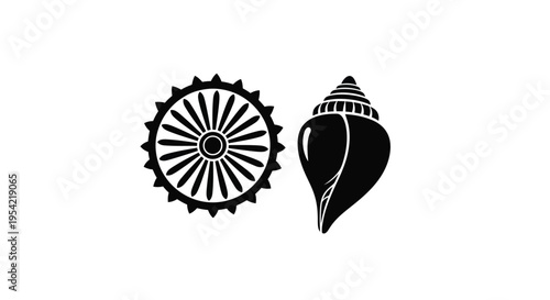 Two indian symbols a wheel and shell depicted in black silhouette