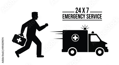 Emergency medical response with a running doctor and ambulance silhouette