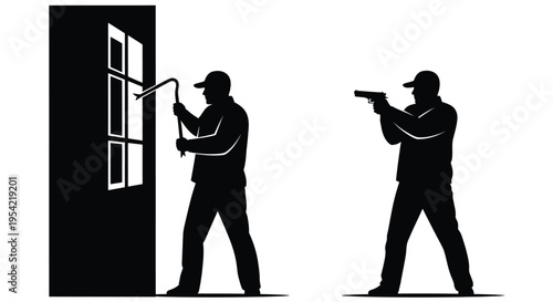 Two figures attempting a break in one with a crowbar in silhouette