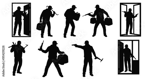 Thief figures breaking in and escaping with stolen goods silhouette