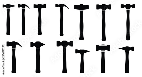 Collection of various hammer tools displayed in a striking silhouette