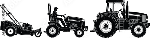 Silhouette illustration of push lawn mower, ride‑on tractor with operator, and large agricultural tractor, representing progression of machinery for lawn care, farming, and agricultural work