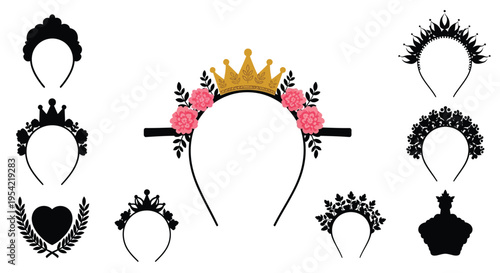 Variety of decorative headbands and tiaras presented as a black silhouette