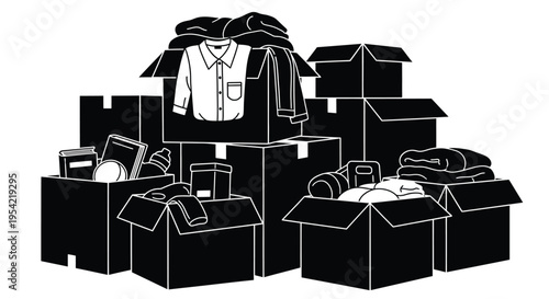 Stacked cardboard boxes with clothing a distinctive black silhouette