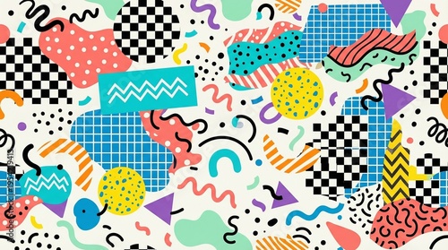Memphis style geometric pattern with playful shapes, modern vector design