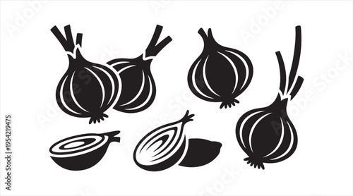 Simple onion shapes collection flat black vegetable illustration for cooking design