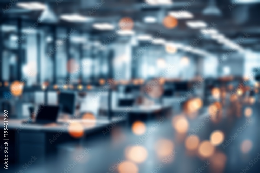 Obraz premium Blurred office interior with warm bokeh lights, modern workspace