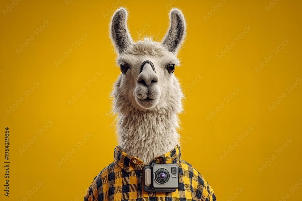 Naklejka premium A llama wearing a plaid shirt and a camera poses against a yellow background