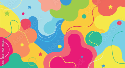 Colorful abstract artwork of fluid organic shapes with stars and circles