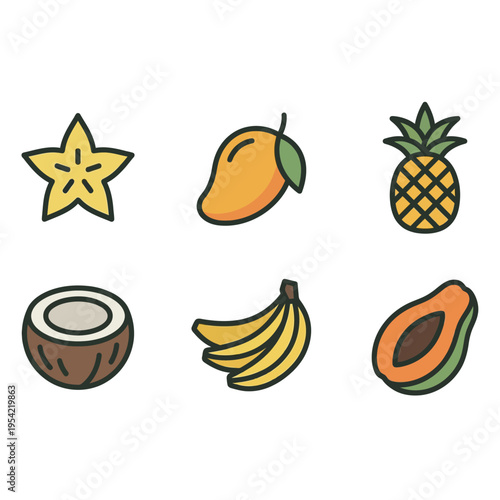 Tropical Fruit Icon Set Flat Outline – Clean Minimal Vector Collection for UI, Packaging, Healthy Food Design