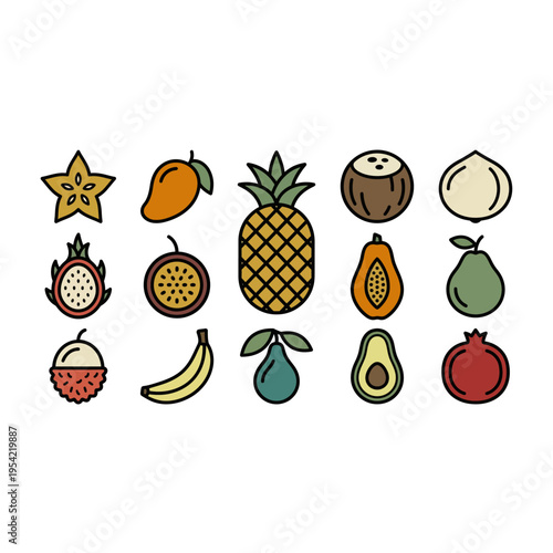Tropical Fruit Icon Set Flat Outline – Clean Minimal Vector Collection for UI, Packaging, Healthy Food Design