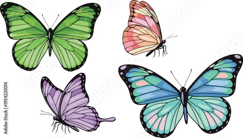 Beautiful vector illustration of a set of colorful monarch and swallowtail butterflies isolated on white, showcasing the natural beauty of flying wings in a summer macro design