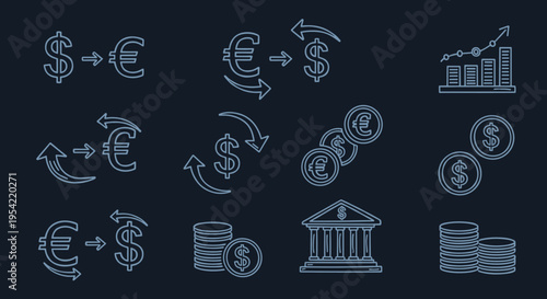Financial symbols and currency icons.