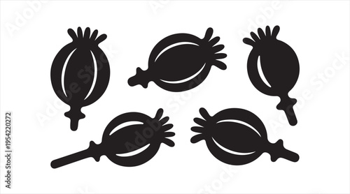 Poppy seed pod silhouettes black vector set botanical capsules minimalist design