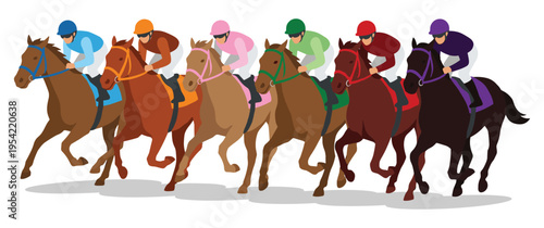 Professional horse racing with colorful jockeys riding fast stallions