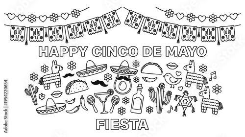 Happy Cinco de Mayo celebration graphic, Mexican party icons, fiesta elements