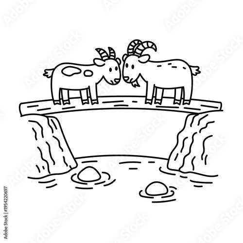 Aesop’s fable The Two Goats vector illustration. Fairy tale line art doodle, perfect for children’s stories and educational use. Cute and simple fairy tale illustration.
