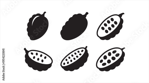 Feijoa silhouettes black vector set whole and sliced tropical fruit minimalist design
