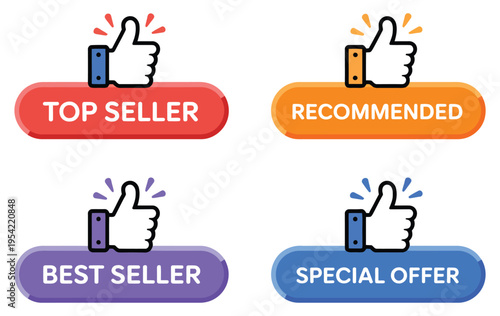 Red vector banner featuring top seller label with thumbs up and stars, modern web banner element for sale, bestseller sticker, promotion, and marketing design illustration