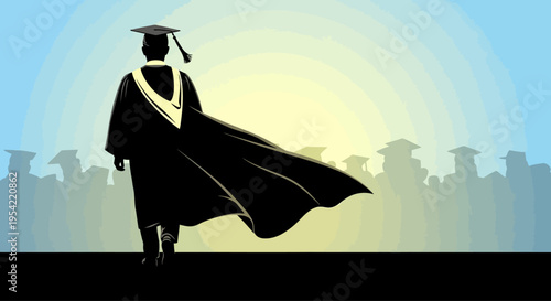 Graduate student walking away in cap and gown.