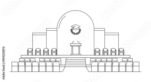 Graduation Ceremony Stage and Seating Arrangement Line Art.