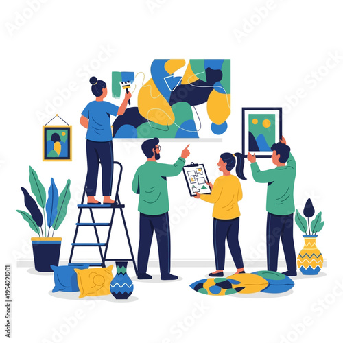 Team of artists creating abstract mural painting in modern art studio