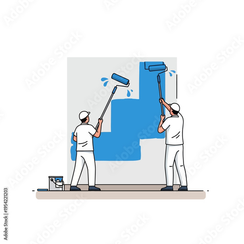 Two painters painting a wall blue with rollers, home renovation and interior design concept