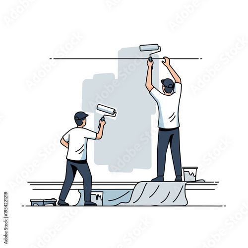 Two painters painting a wall with rollers, home renovation and interior design concept