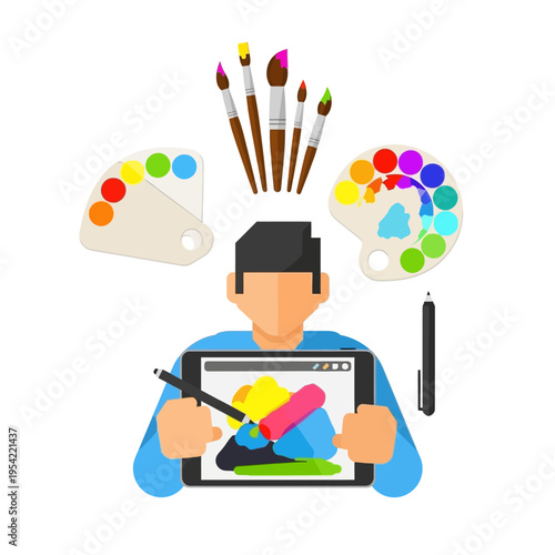 Digital Artist Creating Colorful Art on Tablet with Brushes and Palettes